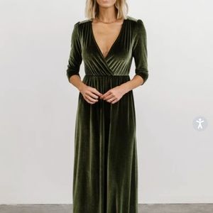 Baltic Born, maxi/floor length green velvet dress.